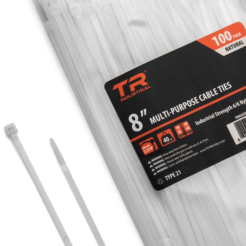 Tr Industrial Multi-Purpose Uv Resistant Natural Cable Ties, 8 Inches, 100 Pack - Image 1